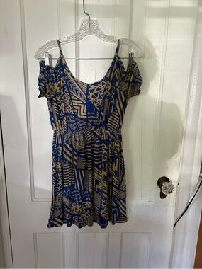 maitai Blue and Tan Geometric Cold-Shoulder Mini Dress